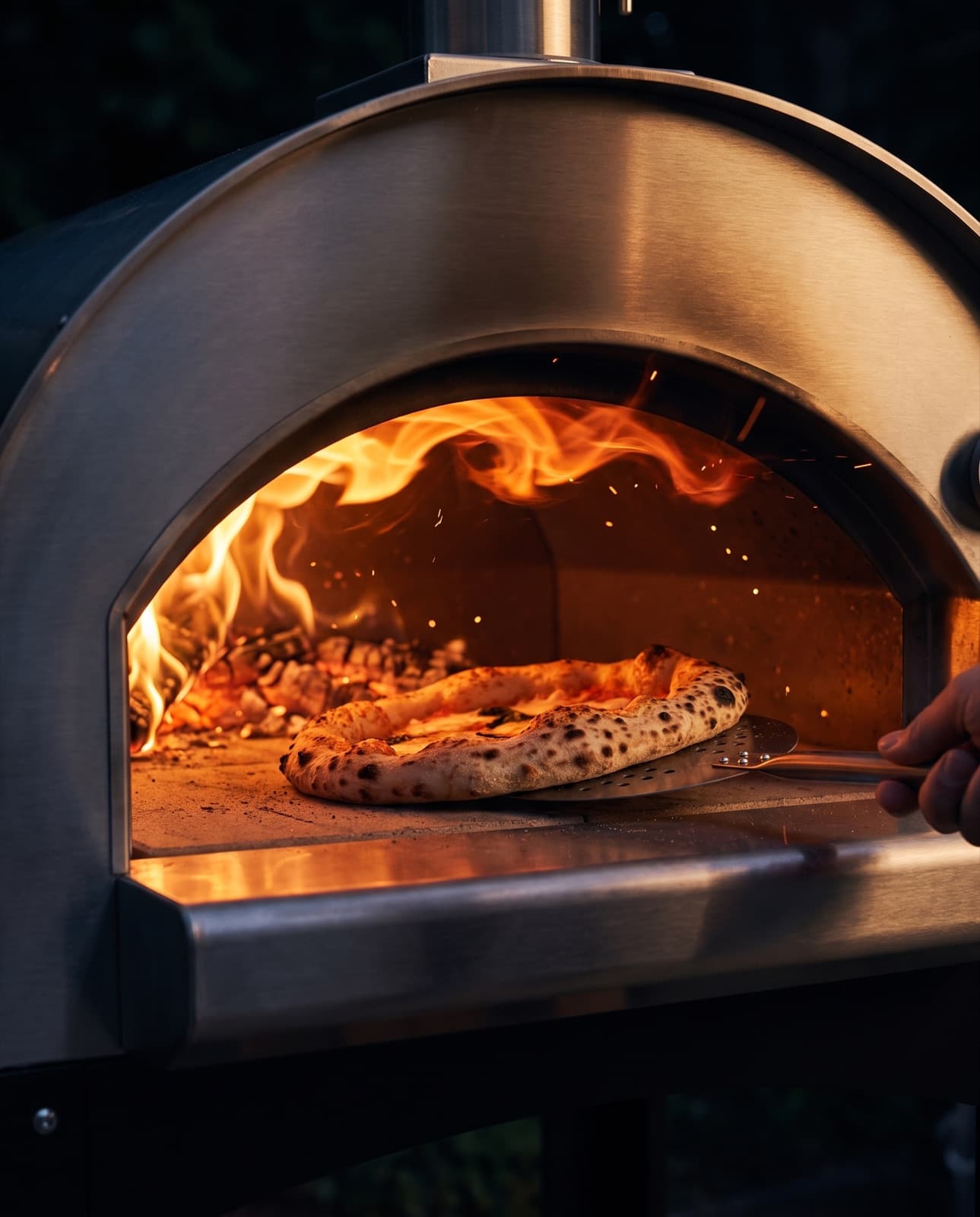 La bouche d'un four à bois en inox, flammes vives sous la voûte, une pizza napolitaine tournée à la pelle sur les briques